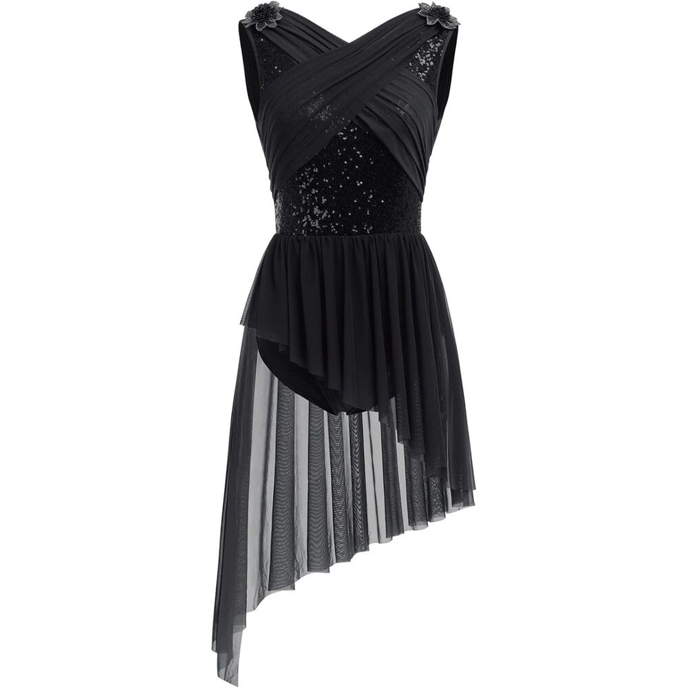 Lyrical Dance Costume Sleeveless Sequin Flower Asymmetric Leotard (Black, S)